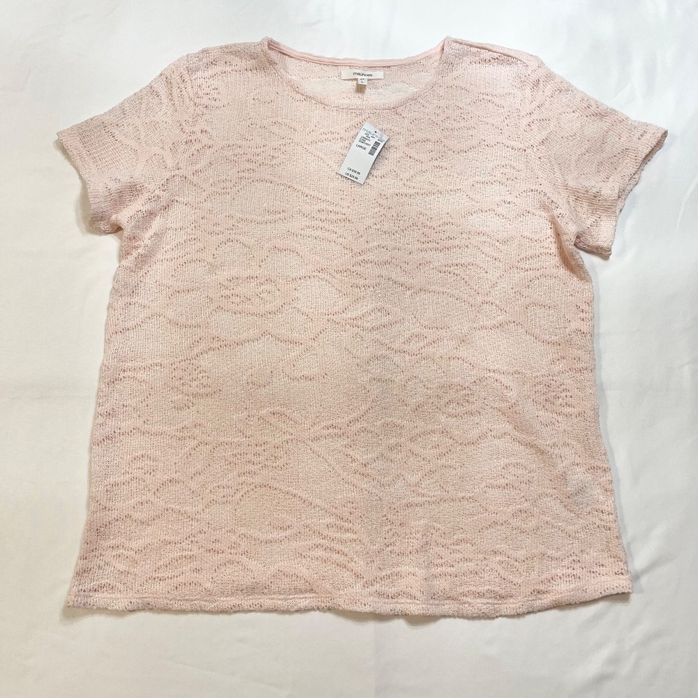 NWT Maurices Womens L Blush Pink Open Lace Short Sleeve Blouse/Top Sheer